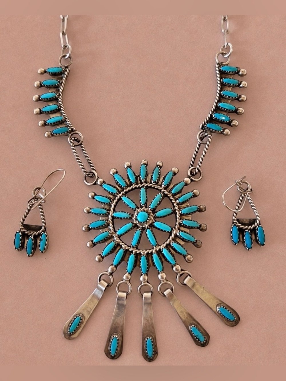 Native American Zuni Turquoise Needle Point Cluster Necklace and Earrings Sets